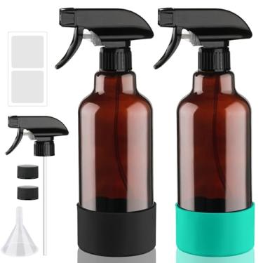 Imagem de Frascos de vidro âmbar com manga de silicone, pacote com 2 recipientes recarregáveis de 473 ml com bicos de spray ajustáveis, spray vazio para soluções de limpeza, cabelo, plantas, óleos essenciais