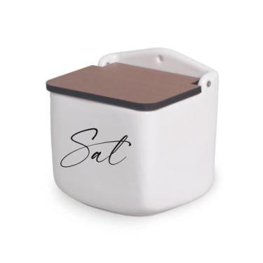 Imagem de Saleiro de Cerâmica Branco Decorado e Tampa de Madeira - SEGUNDA LINHA