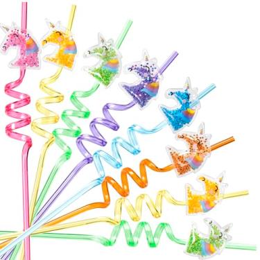 Imagem de Snowfall 12 canudos de plástico reutilizáveis de unicórnio com glitter, canudos espirais mágicos para aniversário ou festa temática de fantasia, vem com 2 escovas de limpeza (unicórnio)