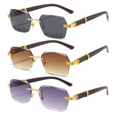 Imagem de AIEYEZO Óculos de sol retrô sem aro retangular, unissex, vintage, sem moldura, modernos, quadrados, matizados, Pacote com 3 (dourado/cinza + ouro/marrom + gradiente dourado/cinza), MM