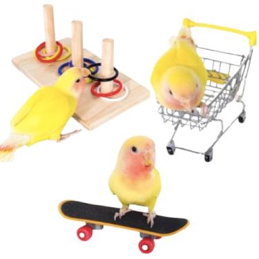 Imagem de CXYYXF 3 peças de brinquedos para pássaros, mini carrinho de compras, brinquedo de skate para brincar e treinar papagaios pequenos a médios periquitos calopsitas conures pombinhos