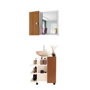 Imagem de JM3 Móveis Kit para Banheiro com Gabinete Classic e Espelheira Gênova (Branco/Ripado)