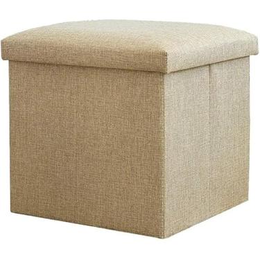 Imagem de Mesa De Café Pequena De Linho Apoio Para Os Pés Assento De Brinquedo Laranja Folging Otomano Armazenamento 11.8"x11.8"x11.8", Dark Blue