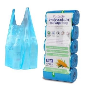 Imagem de Saco de lixo pequeno biodegradável tipo colete espesso para escritório, 5 rolos, 100 unidades azul, 7 litros, sacos compostáveis com alças (saco de lixo azul de 2,6)