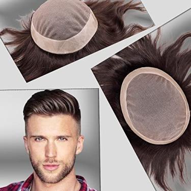 Imagem de Civmo Peruca masculina fina de cabelo humano mono peruca de poliéster ao redor do sistema de cabelo peruca monofilamento NPU para homens 15 x 20 cm #3 cor marrom escuro