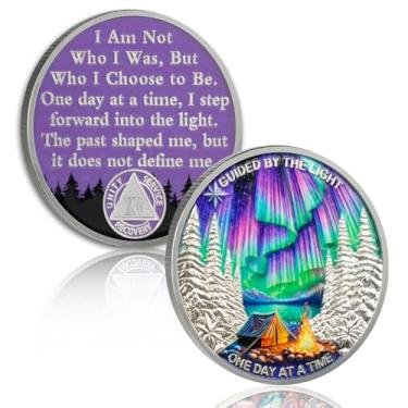 Imagem de YRCKUDZKG Guided by Northern Lights Moeda de sobriedade de 15 anos - Moeda AA de um dia de cada vez, chip de recuperação de aniversário sem álcool com cápsula token, presentes inspiradores de