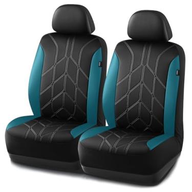 Imagem de PIC AUTO Capa de assento de carro, capa de assento frontal de couro tubulação para carros, couro luxuoso em dois tons preto e azul, ajuste universal, durável, compatível com airbag, adequada para SUVs