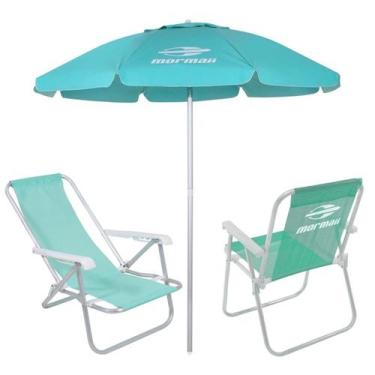 Imagem de Kit 2 Cadeiras Alta e Reclinável Alumínio + Guarda Sol Bagum 2m Verde 