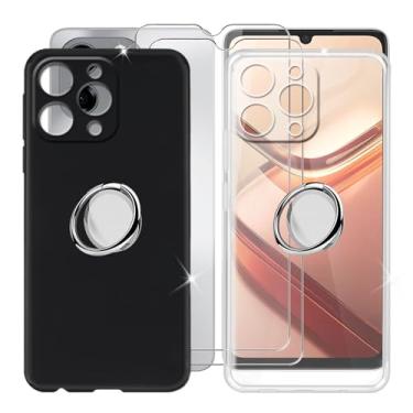 Imagem de Capa para Doogee Note 58 Pro (6,7 polegadas) + protetor de tela (pacote com 2), 2 capas de silicone ultrafinas à prova de choque antiarranhões com suporte de anel de telefone ajustável 360° - preto +