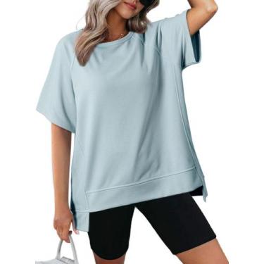 Imagem de Camiseta feminina Dokotoo de verão com gola redonda alta e baixa azul 