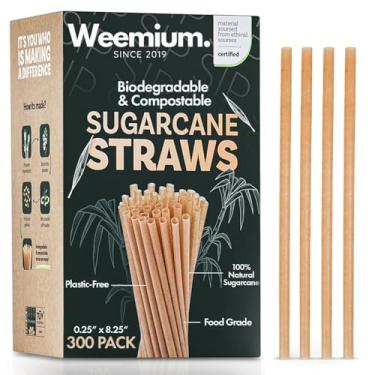Imagem de Weemium Canudos de cana-de-açúcar pacote com 300 21 cm | Canudos 100% compostáveis | Canudos biodegradáveis sem plástico | Canudos ecológicos | Canudos ecológicos feitos com fibra de cana de açúcar