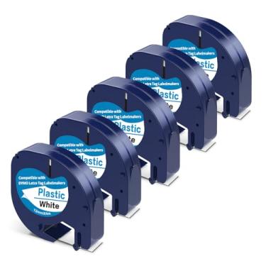 Imagem de Camopro 5 etiquetas pretas sobre brancas de 12 mm x 4 m, compatíveis com Dymo LetraTag 91331 (S0721660), refil de plástico DYMO LetraTag 91331 para Dymo Letra Tag Label Maker LT100H LT100T