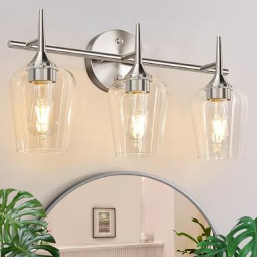 Imagem de Luminárias de banheiro com 3 luzes, luzes de banheiro escovadas de 49,5 cm para banheiro com vidro transparente, luminárias de banheiro sobre espelho, lâmpada de parede moderna para corredor de