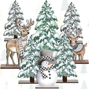 Imagem de Meanplan 8 peças de decorações de Natal de madeira, árvore de Natal, alce, boneco de neve, placa de mesa de madeira, mesa de árvore de Natal, centro de mesa, decoração rústica de inverno, bandeja em