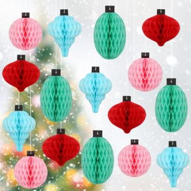 Imagem de JarThenaAMCS 16 peças de decoração de bola de favo de mel de luz de Natal, vermelho, rosa, verde, azul, placa de teto pendurada, enfeite de favo de mel de Natal 3D para artigos de festa alegres e