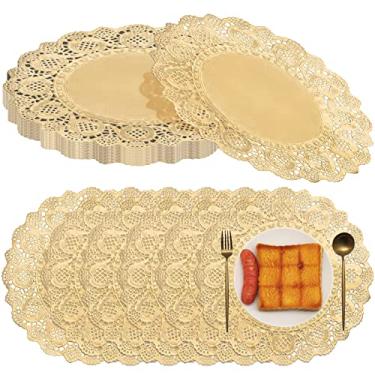 Imagem de Gueevin 100 peças de toalhas de papel para mesas, jogo americano redondo de renda, decorativo, descartável, almofada para jantar, sobremesa, artesanato, utensílios de mesa de casamento (ouro, 30,5 cm)