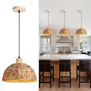 Imagem de Mgcanyu Luzes pendentes Boho ilha de cozinha, luminária de vime tecida à mão de 30 cm, iluminação boêmia para casa de fazenda, algas marinhas, tecelagem, lustre de teto suspenso para sala de estar