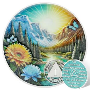 Imagem de Leafence Moeda AA Sobriedade Serenidade Oração Recuperação Chip Montanha e Natureza Design Medalhão AA Inspirador Sobriedade Token para Marcos de Recuperação (Daylight Mountain Sunrise, 1 Ano)