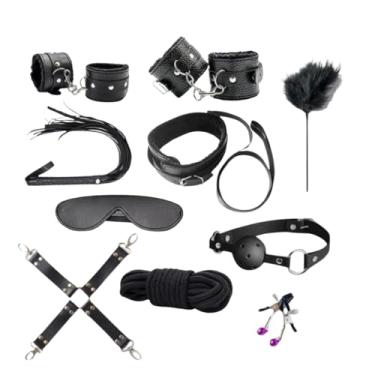 Imagem de Kit Sado Erótico Fetiche 11 Peças Couro Pelúcia Fantasia Bondage Dominação Algema Coleira
