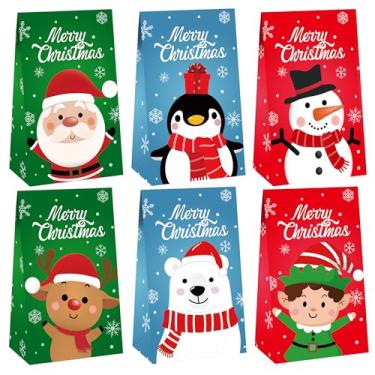 Imagem de 30 peças de sacos de presente de papel de Natal, Feliz Natal, pequenos sacos de presente de papel com adesivos, Papai Noel, boneco de neve, doces, sacola kraft para lembrancinhas de festa de Natal