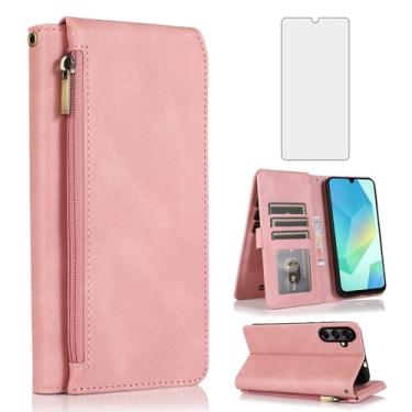 Imagem de Capa carteira compatível com Samsung Galaxy A16/A26 5G, protetor de tela de vidro temperado e zíper retrô de couro, suporte para cartão, acessórios para celular A 16 26 16A 26A 4G SM-A166U ouro rosa