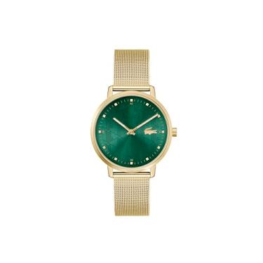 Imagem de Lacoste Crocorigin Relógio feminino de quartzo 2H, aço inoxidável, relógio de pulso moderno, resistente à água até 3 ATM/30 metros, 35 mm, Banhado a ouro
