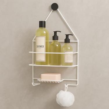 Imagem de Porta Shampoo e Sabonete para Banheiro, Suporte Organizador de Parede, Branco, com Ganchos