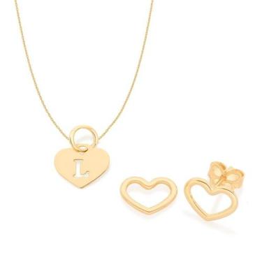 Imagem de Kit Rommanel Brinco Coração Colar 42cm Letra L Pra Presente