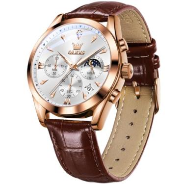 Imagem de OLEVS Relógios masculinos com pulseira de couro, relógio analógico de quartzo, moderno, mostrador grande, data, relógio à prova d'água, vestido luxuoso, luminoso, masculino, marrom rosa branco, round
