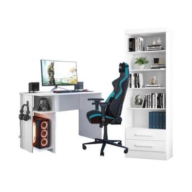 Imagem de Escrivaninha e Livreiro Multiuso 2 Gavetas Branco - Qmovi