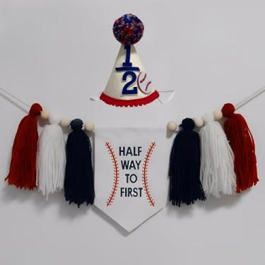 Imagem de Faixa de borla para cadeira alta de beisebol Half Way to First Birthday com 1/2 chapéu cone 6 meses Little Slugger roupa de meio aniversário para bebê menino (beisebol azul real vermelho 1/2)