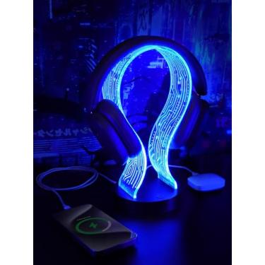 Imagem de CoolGift Mart Suporte de fone de ouvido iluminado com 16 luzes coloridas, suporte de fone de ouvido de acrílico padrão PCB com 1 porta de carregamento USB e 1 tipo C, presentes para gamers, homens e