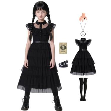 Imagem de QUJQOM Fantasia infantil preta para meninas, fantasia de Halloween iluminada com meias, colar, grampo de cabelo, Vestido preto com luz, 140 (9-10 Years)