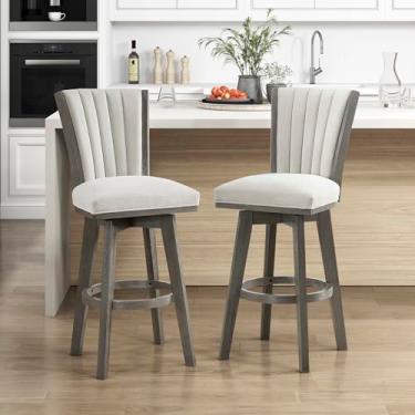 Imagem de Lexicon Conjunto de 2 bancos de bar giratórios, estrutura de madeira com apoio para os pés e encosto, para ilha de cozinha, sala de jantar, 63,5 cm SH, acabamento cinza e assento acolchoado de veludo