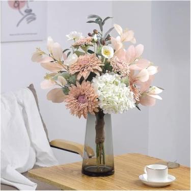 Imagem de DCYEQRQ Flores artificiais com vasos, buquê de girassol, simulação, ornamentos de flores, decorações de sala de estar, arranjos de seda para interiores falsos à mão (tamanho único)
