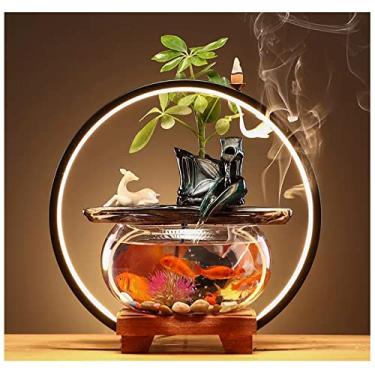 Imagem de XFNVXC Fonte decorativa interna para relaxar com tanque de peixes de vidro, base de madeira e luzes LED, mesa zen interna para relaxar com fonte de água para casa