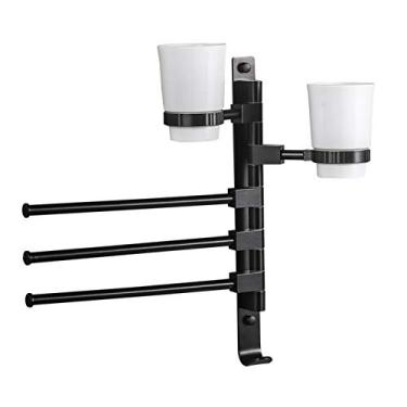 Imagem de Suporte de toalha de banho barra de toalha giratória espaço toalheiro de banheiro de alumínio com braço dobrável de 3 barras e 2 porta-copos de escova de dentes, suporte de parede preto fosco