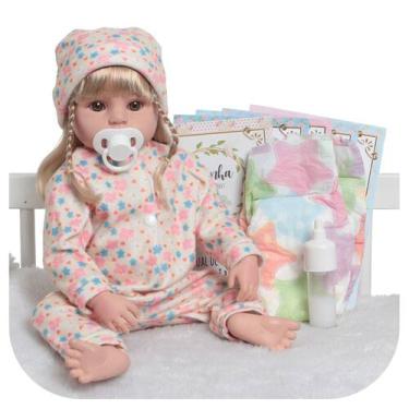 Imagem de Boneca Reborn Bebê Loira Realista Fofa 46cm Pode Dar Banho - Cegonha R