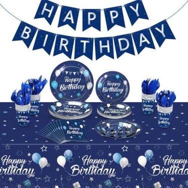 Imagem de Conjunto de talheres de festa Pajean Blue Feliz Aniversário para 24 co