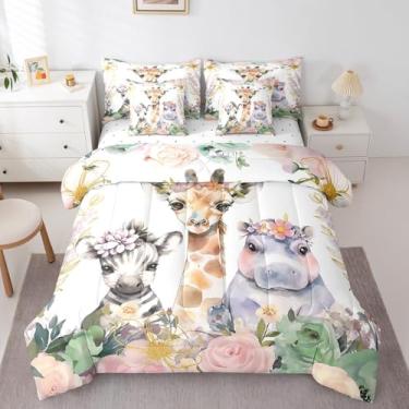 Imagem de Erosebridal Jogo de cama solteiro com estampa de flor rosa, safári, girafa, hipopótamo, zebra, 7 peças, para decoração de quarto de crianças, meninos, meninas, rosa e verde