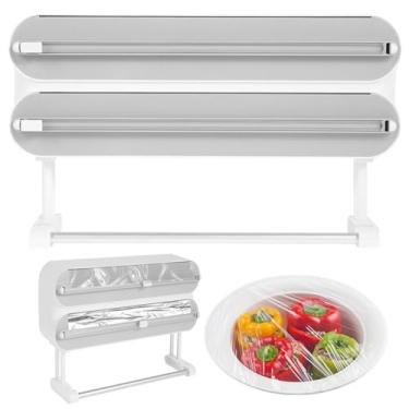 Imagem de CZZONG Dispensador de plástico com cortador de folha magnética e organizador de plástico com suporte de toalha de papel, dispensador de filme aderente multifuncional e cortador de espaço, economiza