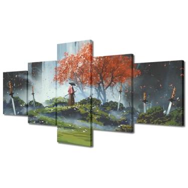 Imagem de Pôsteres 5 peças arte de parede em tela Samurai impressões de imagens arte para paredes ilustração pintura espada samurai japonesa moderna decoração de parede para quarto banheiro escritório