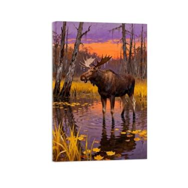 Imagem de Quadro arte parede outono-Veado árvore lago Impressões em tela paisagens-Pintura animais para decoração sala estar 20x30cm Tela Embrulhada