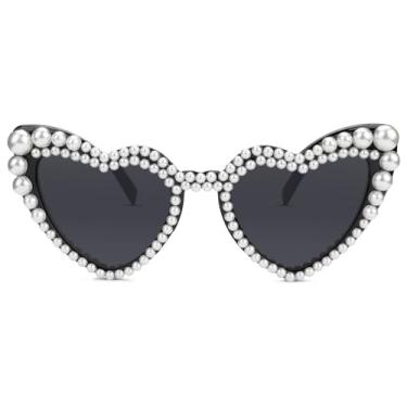 Imagem de Óculos de sol de coração para mulheres, óculos de sol bonitos e clássicos com proteção para os olhos, Preto perolado, Grey lenses