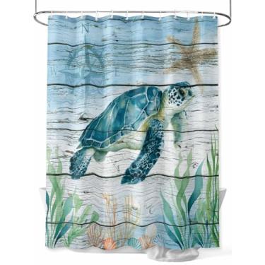 Imagem de Cortina de chuveiro azul litorânea náutica, tartaruga, estrela-do-mar, impermeável, lavável, conjunto de cortinas de banheiro para decoração de banheiro, 91 x 182 cm de comprimento, textura de madeira