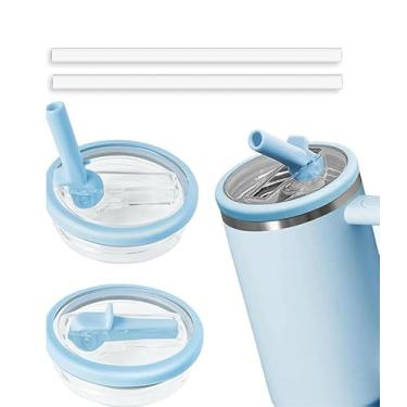 Imagem de Pacote com 2 tampas transparentes de substituição com canudos dobráveis para copos Stanley de 1,134 g - à prova de vazamento e vem com 2 canudos extras (azul celeste)