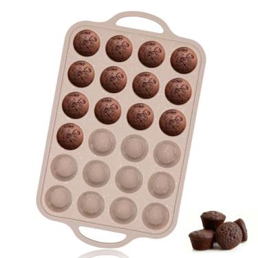 Imagem de Vinino Mini formas de muffin de silicone para assar com moldura reforçada de metal, 24 xícaras marrom de tamanho normal, forma de cupcake antiaderente, sem BPA, máquina de lavar louça, para muffins e