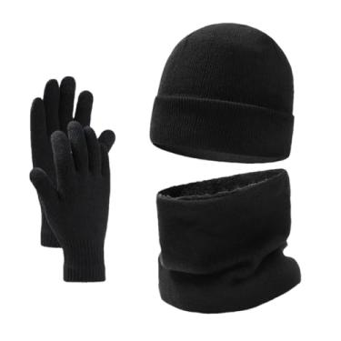 Imagem de Conjunto de luvas masculinas de inverno com chapéu e cachecol, gorro de malha, gorro de lã, aquecedor de pescoço, cachecol e luvas para tela sensível ao toque, preto