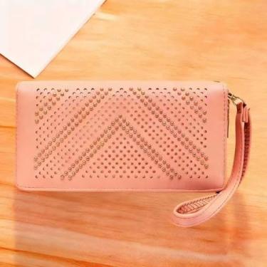 Imagem de Carteira feminina de couro com porta-cartão de crédito, carteira longa, elegante, fivela, zíper, clutch, rosa