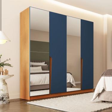 Imagem de Guarda Roupa Roupeiro 4 Portas 4 Gavetas com Espelho Porto Freijó Azul Politorno Móveis